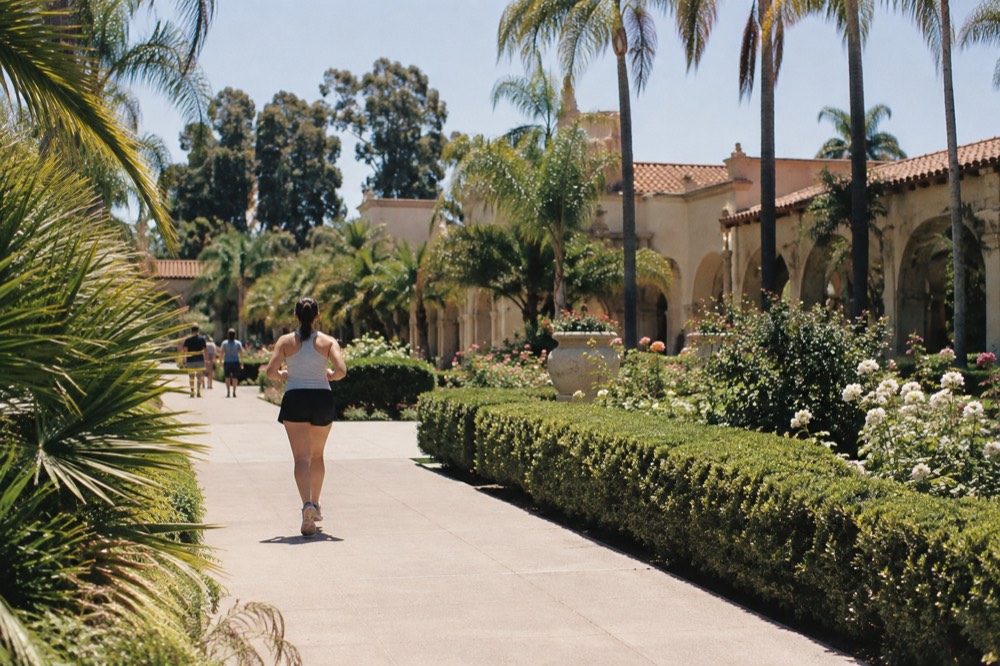 Balboa Park gardens with ornate Spanish colonial buildings and palm trees