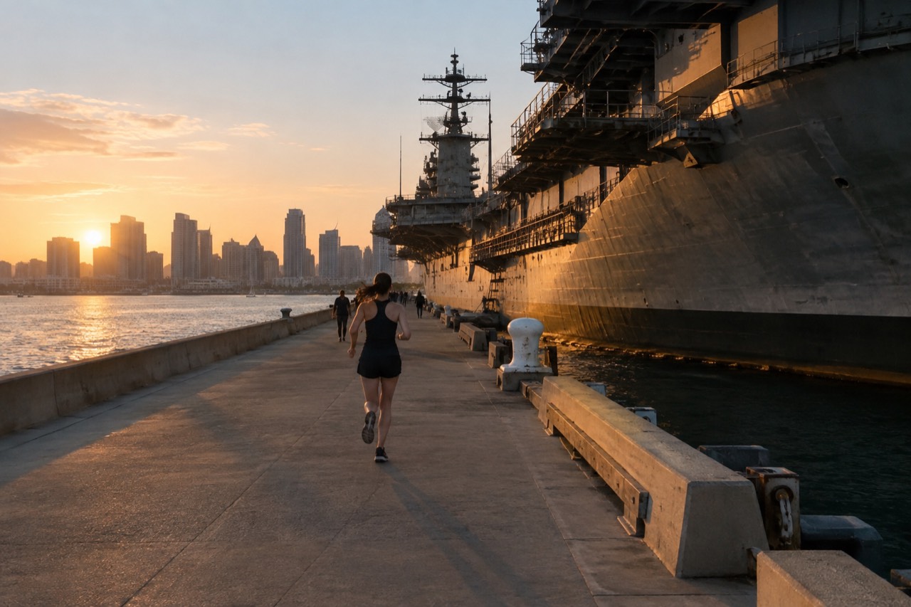 San Diego skyline across the bay with a historic aircraft carrier at the waterfront