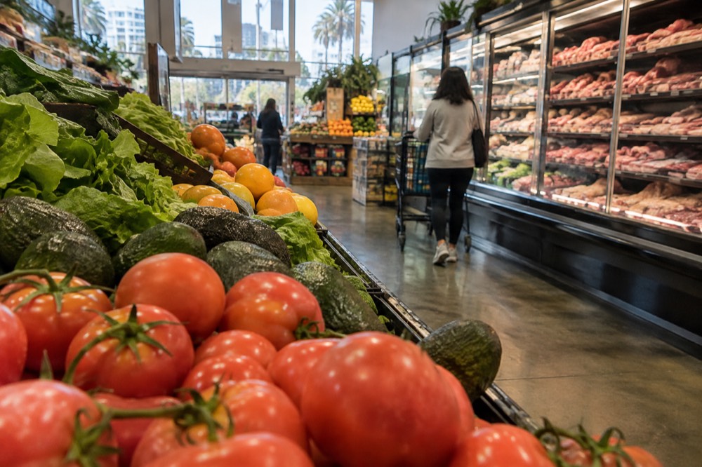 A neighborhood grocery aisle stocked with fresh produce and meat coolers in San Diego