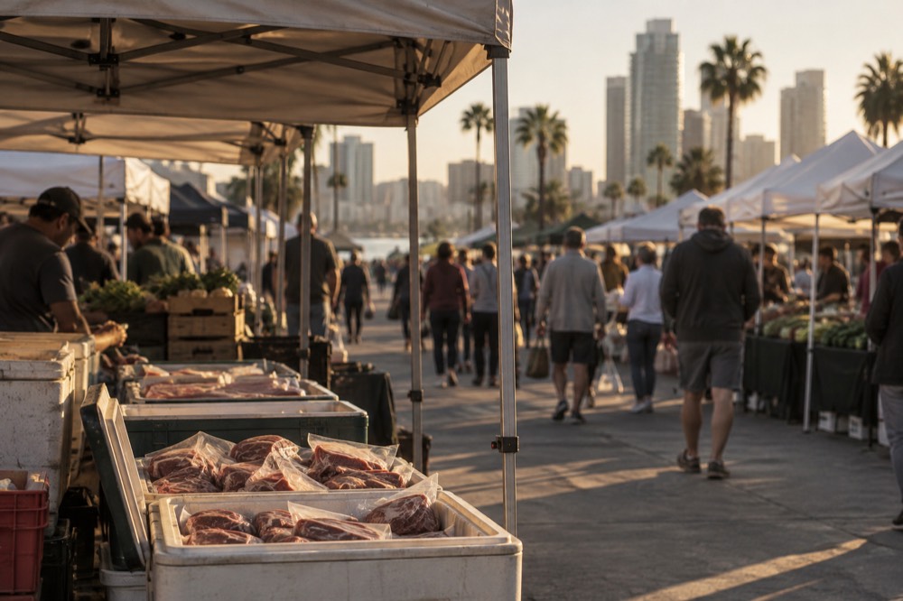 A farmers market stall with coolers of wrapped meat cuts under a canopy
