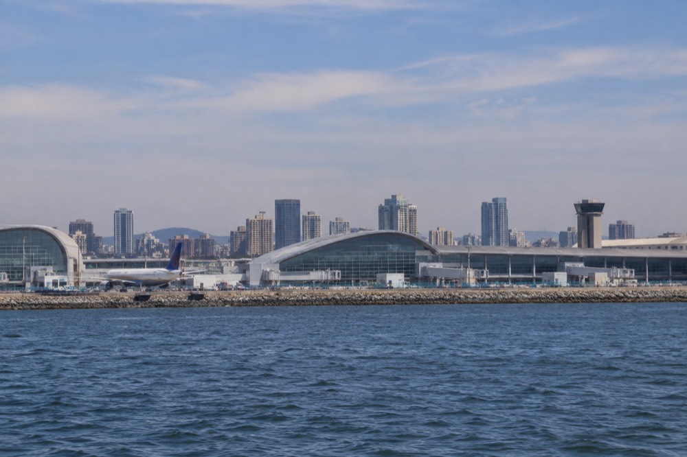 The terminal buildings at San Diego International Airport seen from the harbor