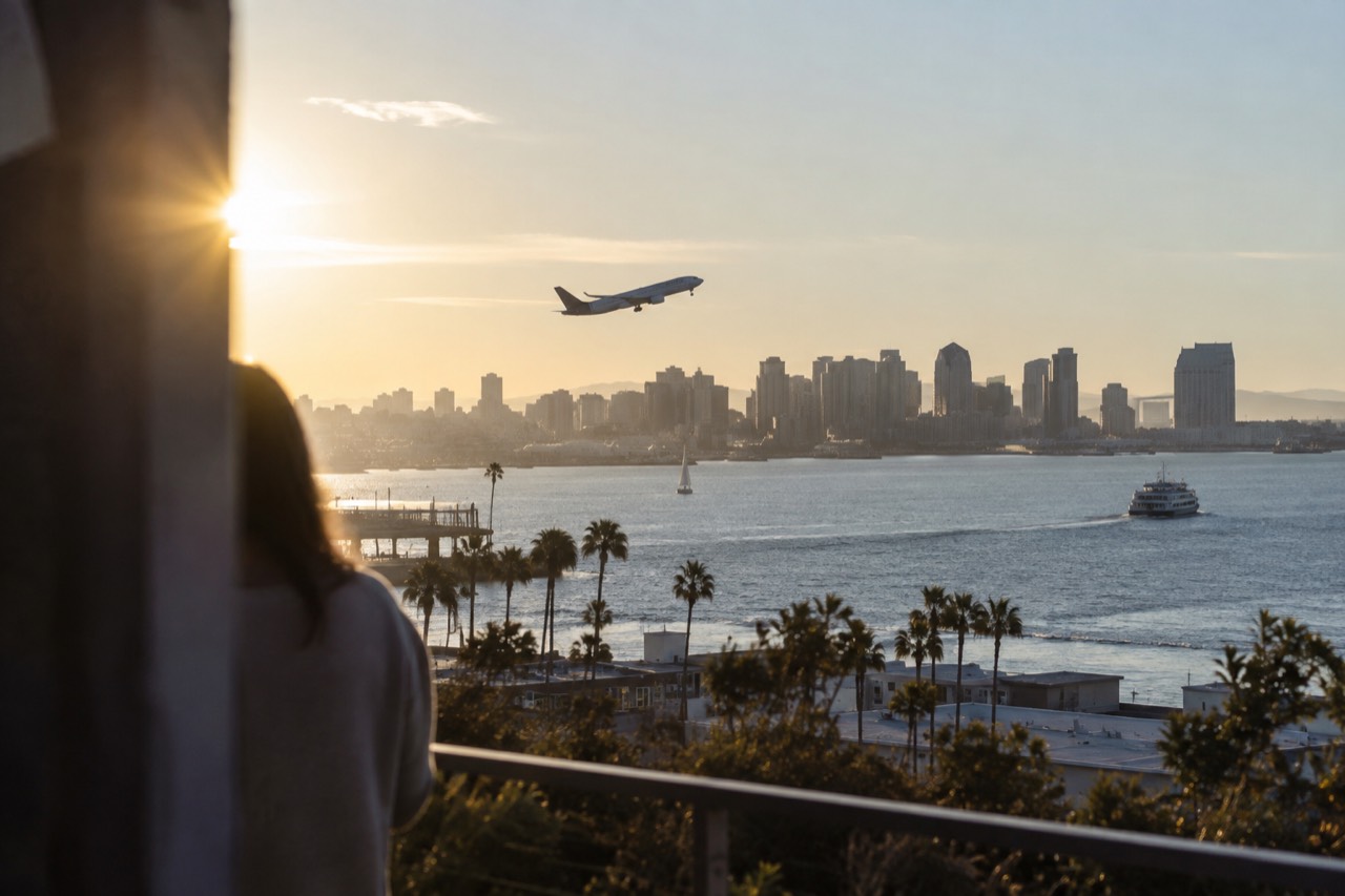 A plane climbing over San Diego Bay with the city skyline in the distance