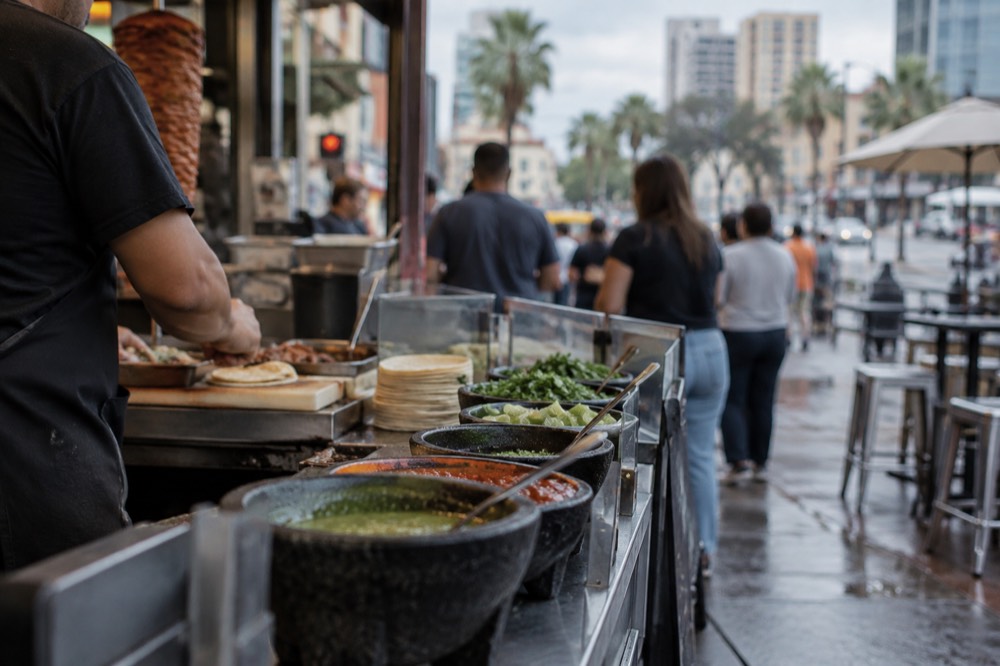 A busy San Diego taco shop counter with colorful salsas in bowls