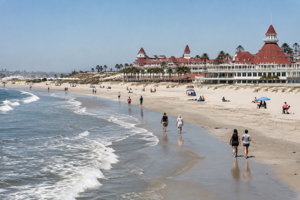 The wooden facade and turrets of the Hotel del Coronado under a blue sky