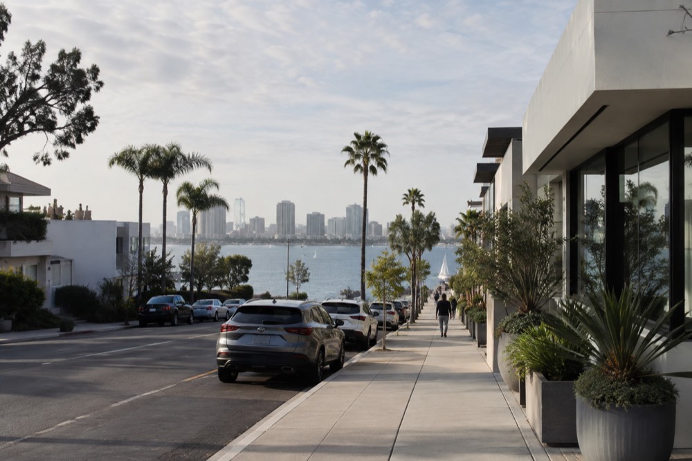 A quiet street of upscale shops and galleries in a coastal village