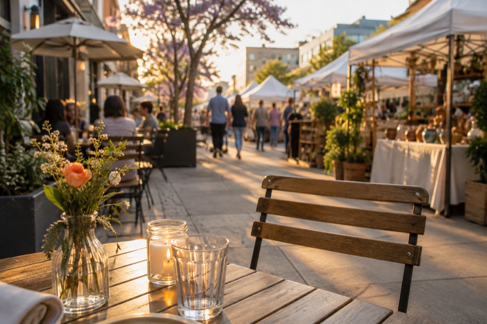 Sidewalk cafe tables and market stalls in the Little Italy neighborhood on a sunny afternoon
