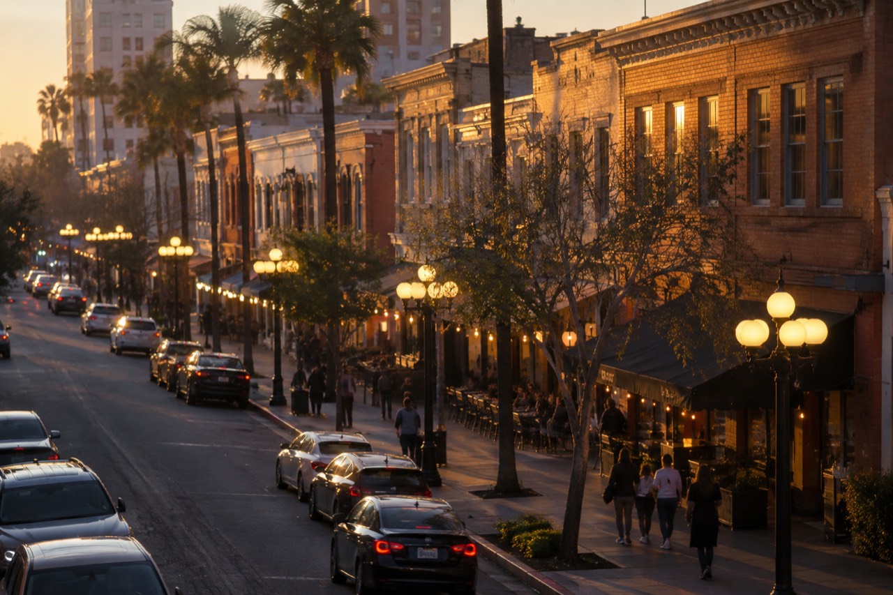 Evening view of the Gaslamp Quarter storefronts and street lights in downtown San Diego