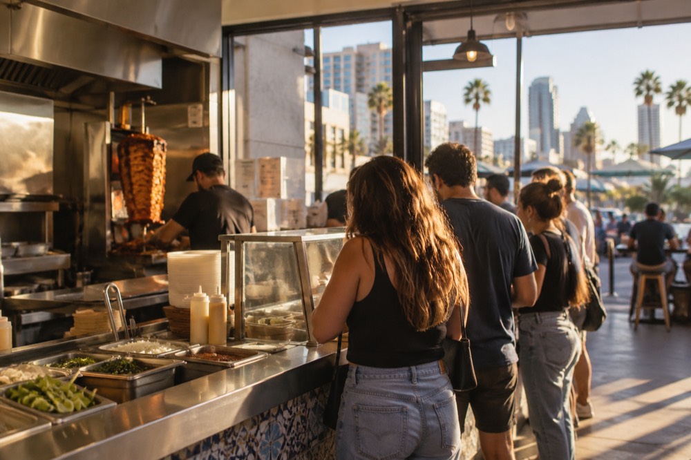 A busy San Diego taco shop counter with customers ordering at lunch