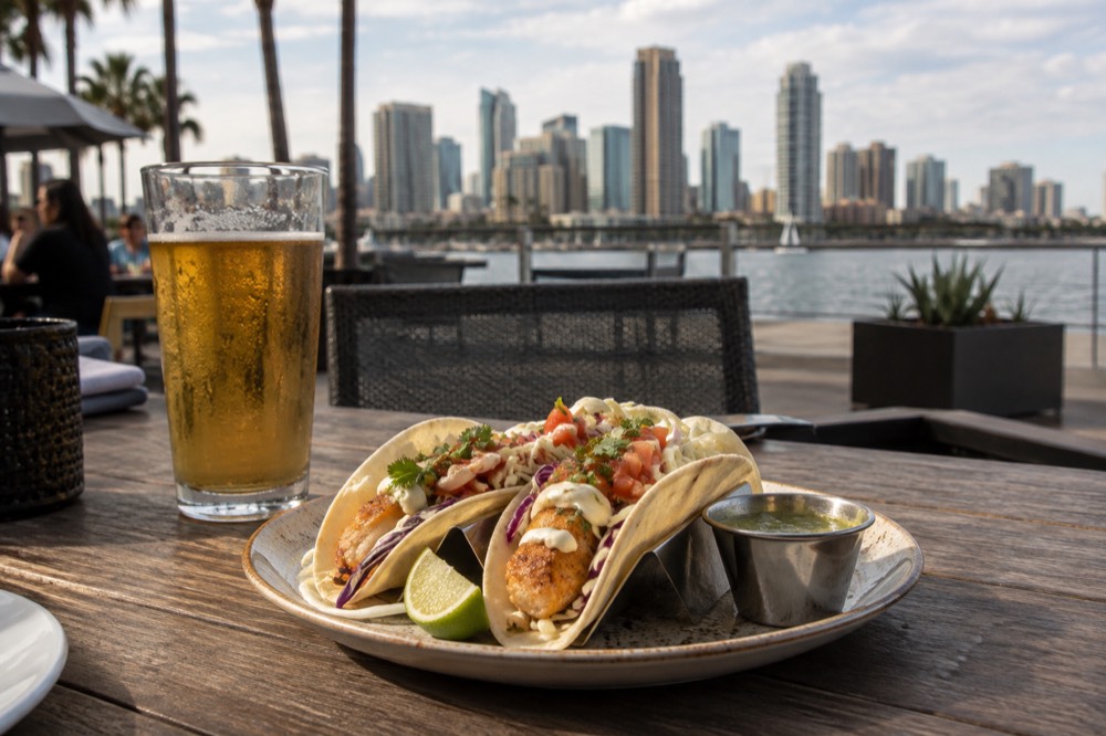 A plate of fish tacos and a cold beer on a restaurant table outdoors