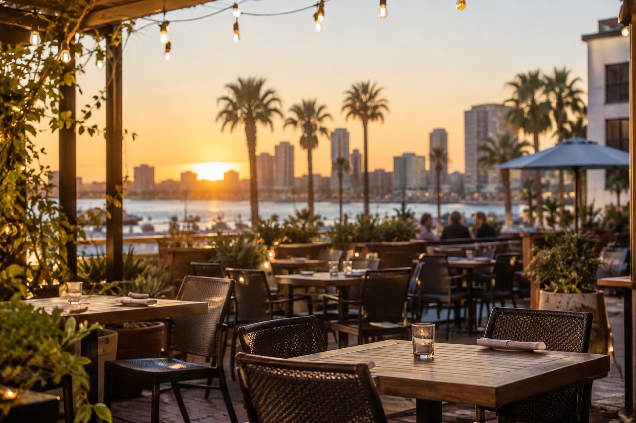 A casual neighborhood restaurant patio in San Diego at golden hour with string lights and empty tables