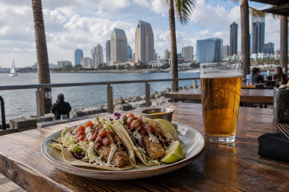 A plate of fish tacos on a wooden table beside a craft beer glass