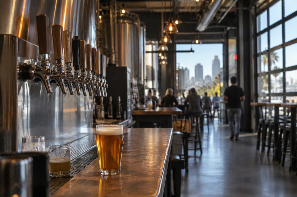 Craft beer taps in a warmly lit San Diego brewery interior