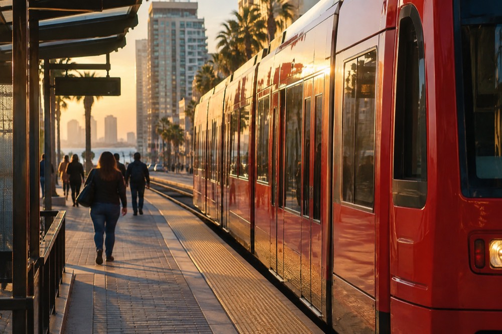 A red San Diego trolley car at a downtown station platform
