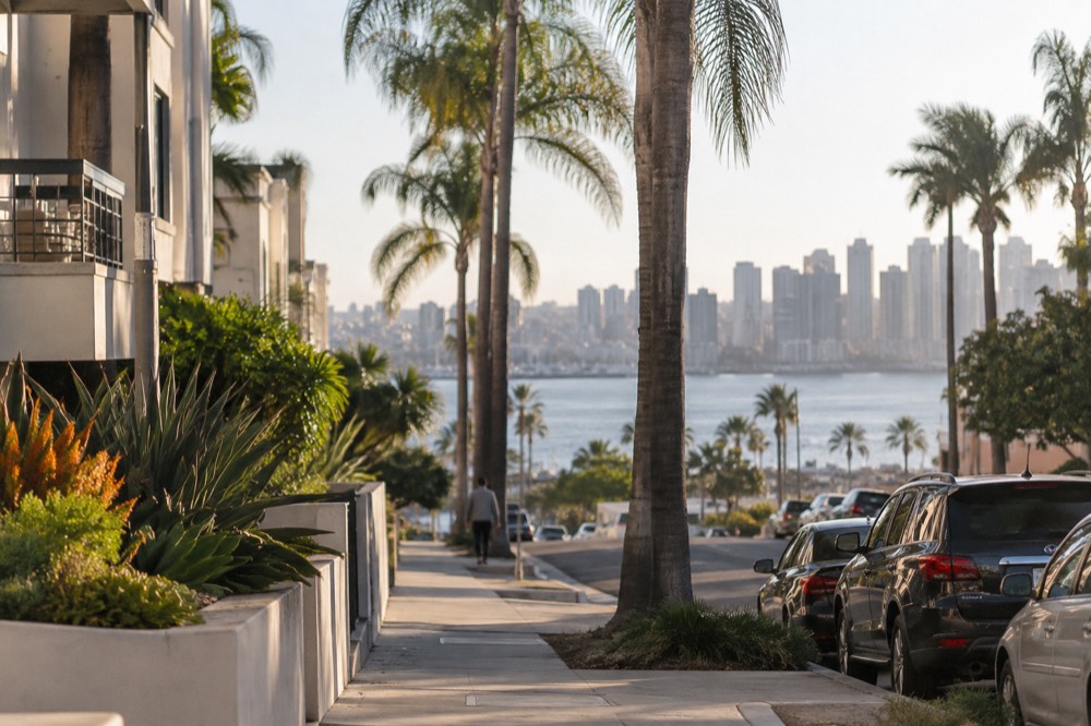 Quiet residential street with palm trees and low buildings near the San Diego waterfront