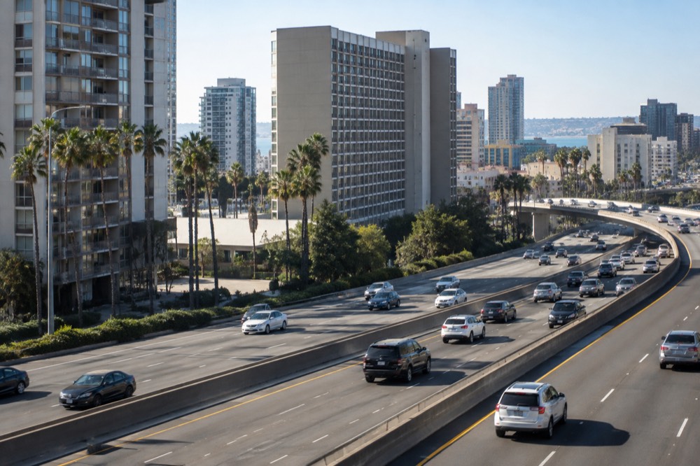 Freeway corridor with hotel buildings beside the road in afternoon light