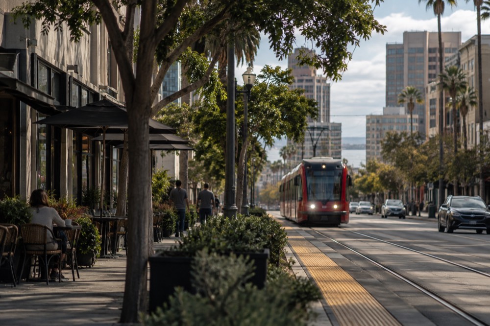 Quiet tree-lined street with cafes and a tram line in a San Diego neighborhood