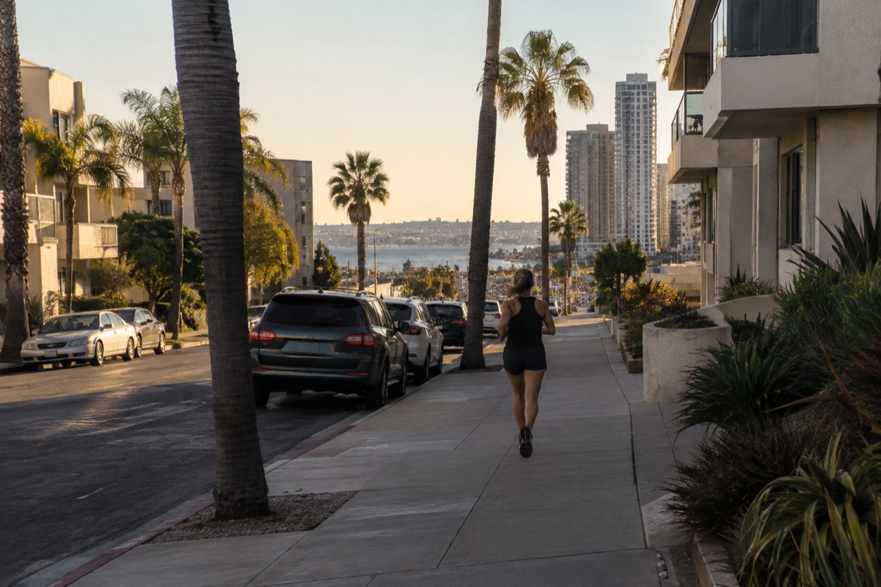Quiet San Diego street with palm trees and low buildings in evening light