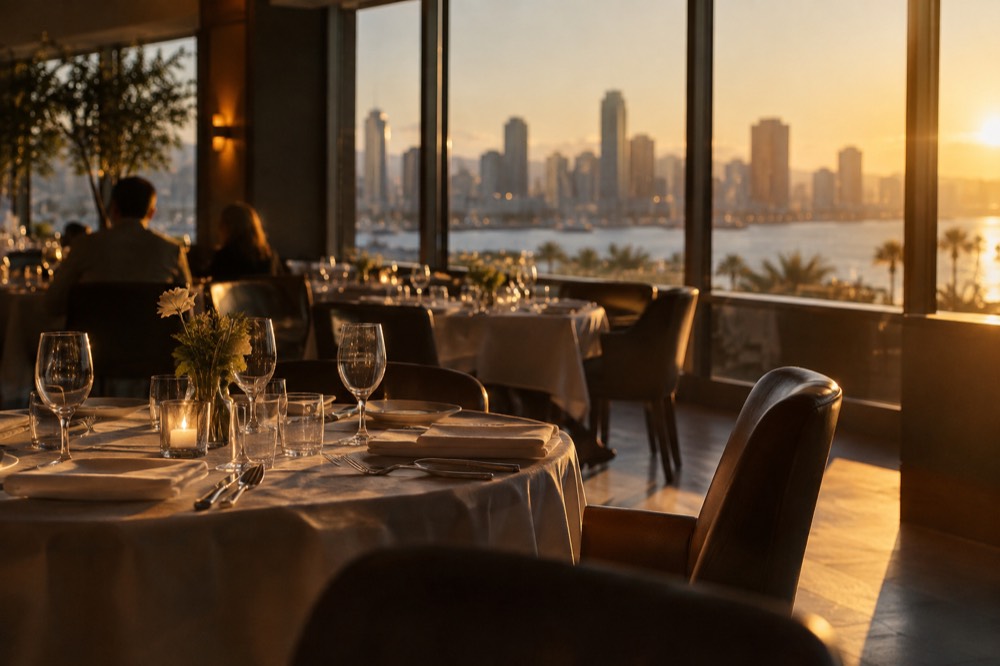 Elegant restaurant dining room with set tables and warm evening light