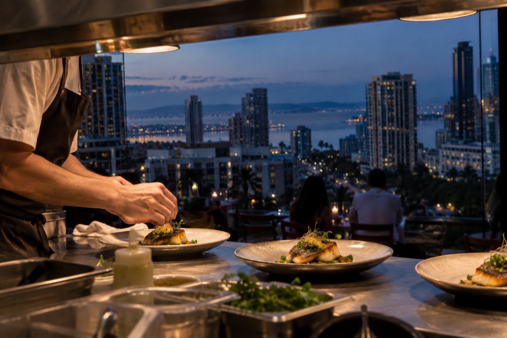 Chef plating a refined seafood dish at a restaurant kitchen pass
