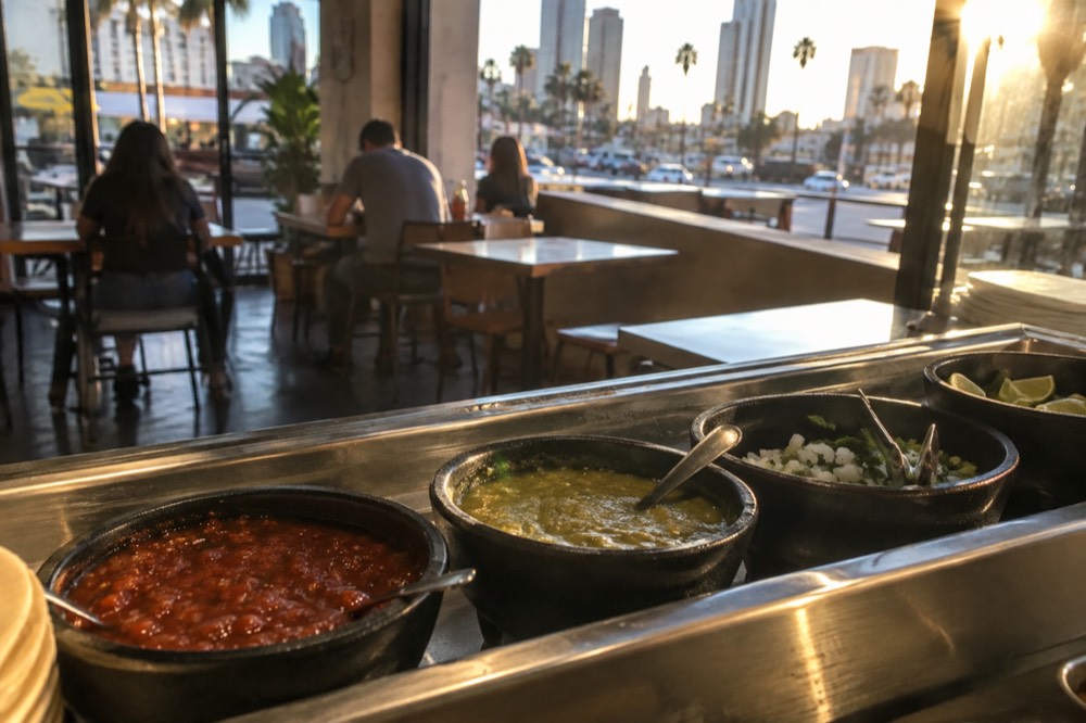 A salsa bar with bowls of red and green salsas inside a small San Diego taco shop