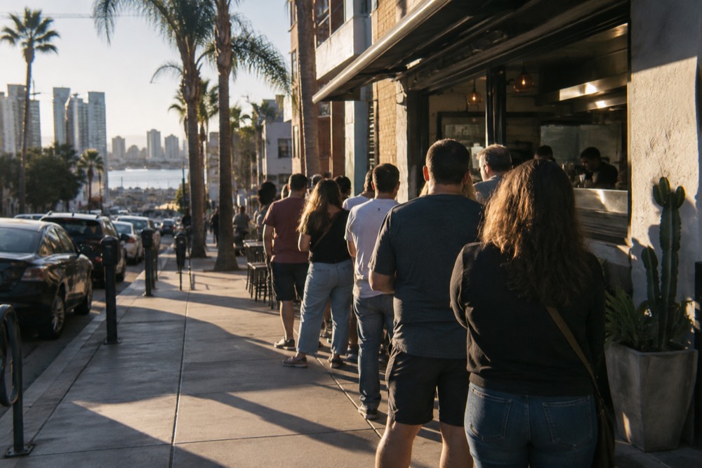A line of customers waiting outside a small taco shop on a sunny San Diego morning