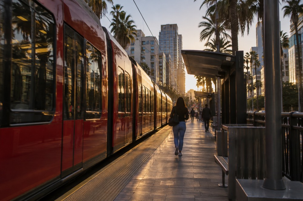 A red trolley car at a downtown station platform in the early evening