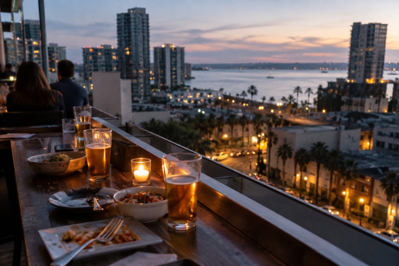 A bar counter with glasses of beer and small plates at golden hour in a San Diego neighborhood