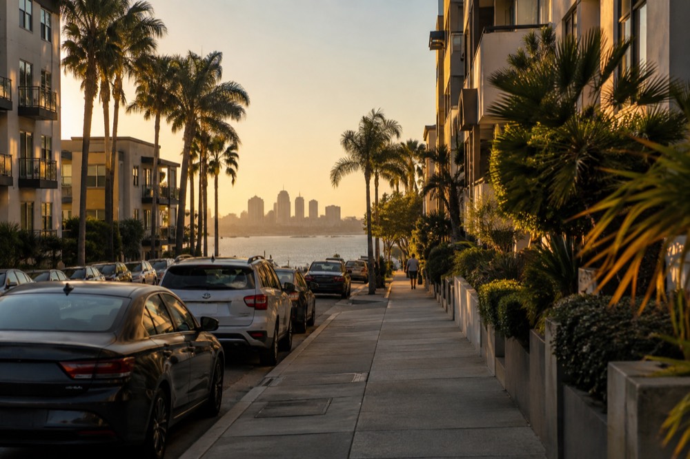 Apartment buildings with palm trees along a quiet San Diego residential street
