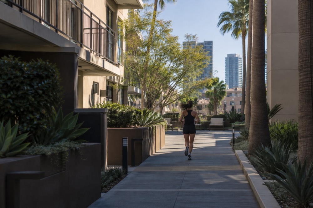 A shaded courtyard walkway outside a low-rise apartment complex in San Diego