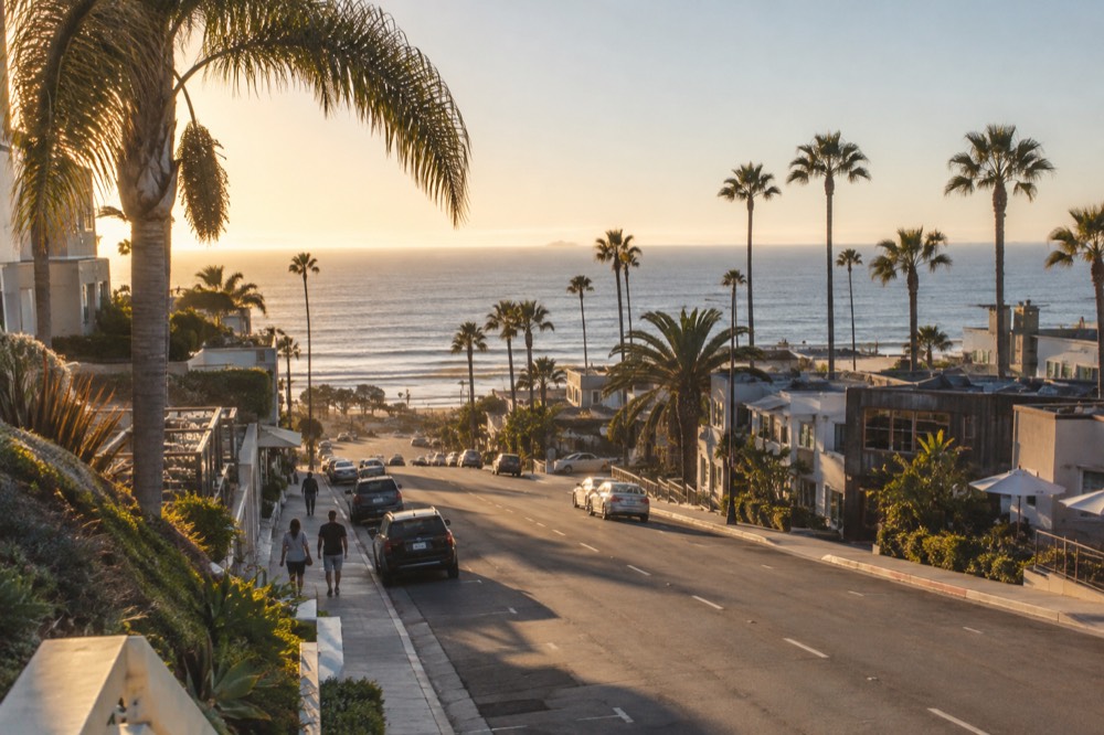 Small coastal town street with palm trees and storefronts in daylight