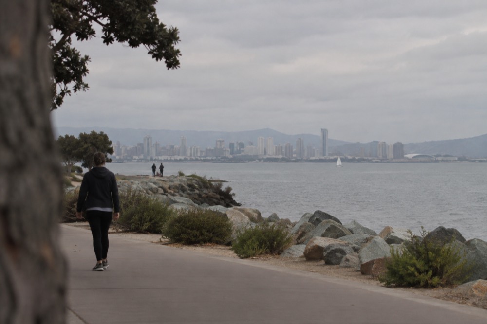 Wide view of the Chula Vista bayfront with the San Diego skyline in the distance across the water