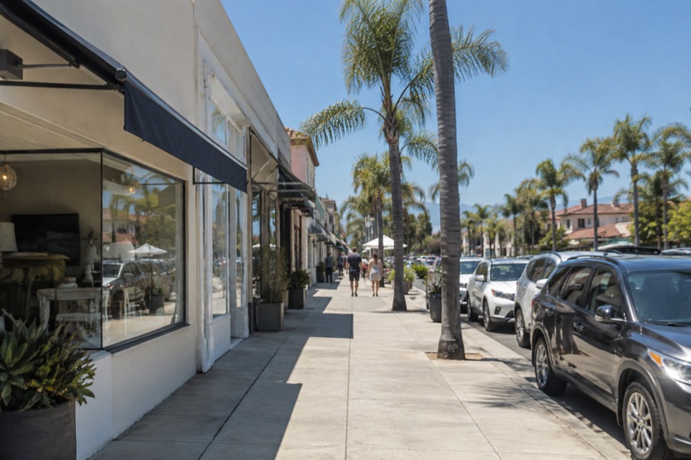 Palm-lined Orange Avenue in Coronado with small shops and clear sky