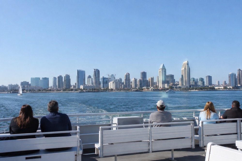 Small ferry crossing San Diego Bay with downtown buildings in the background