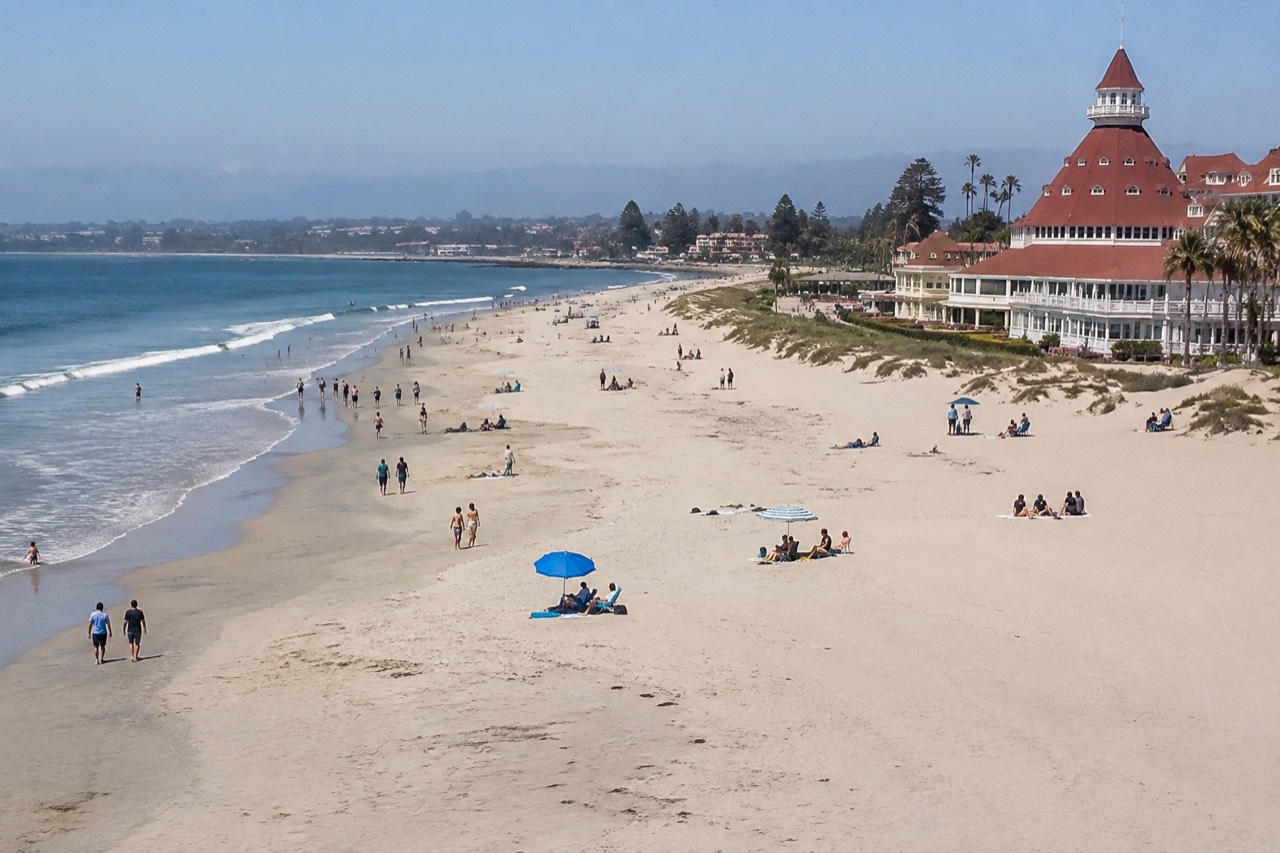 Wide sandy beach below grassy bluffs under a pale morning sky along the Del Mar coastline