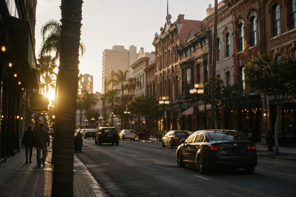 Historic Victorian-era buildings along a Gaslamp Quarter street at dusk
