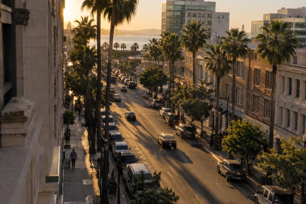 Palm-lined downtown street with metered parking and historic buildings