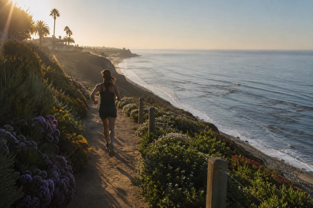 Ocean overlook with kelp beds visible in clear water below a bluff-top garden