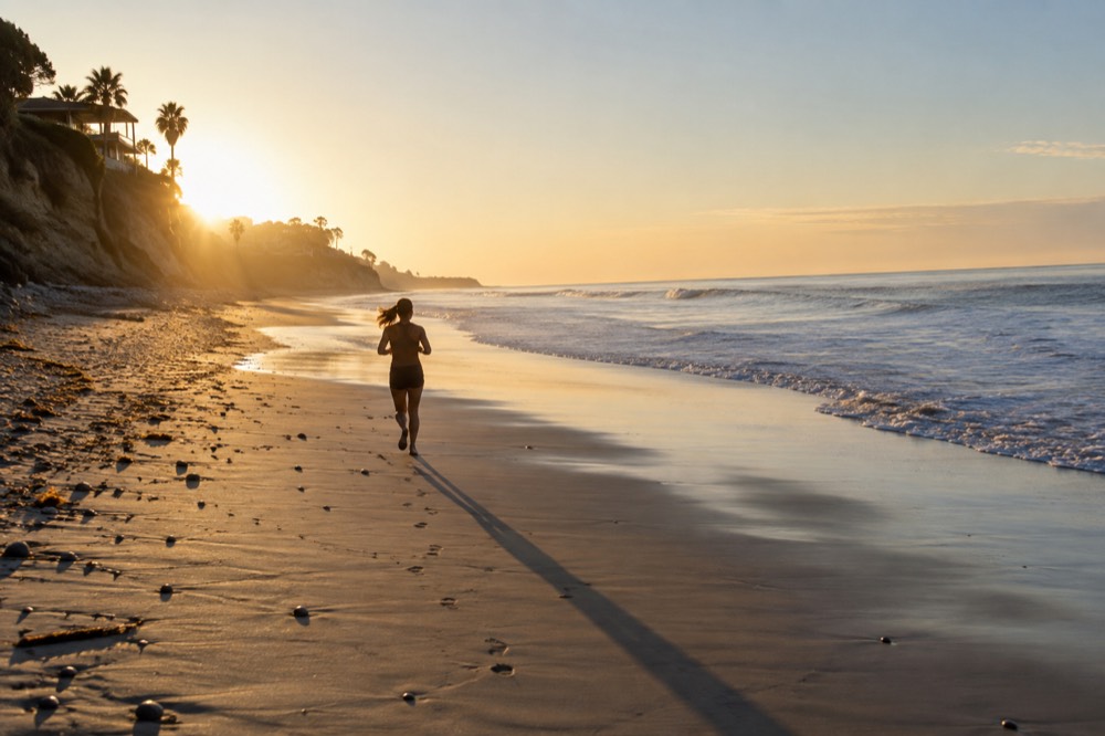 Empty beach at golden hour with long shadows across the sand