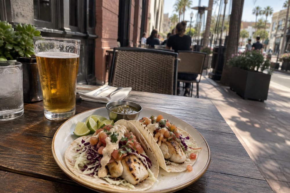 Plated fish tacos on a restaurant table with a craft beer beside them