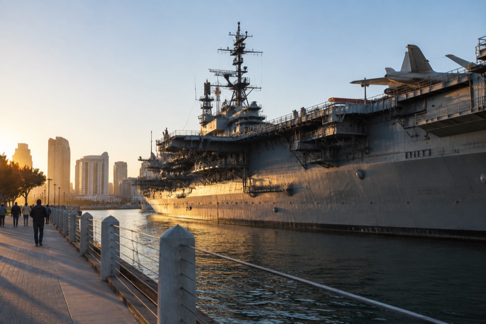 Aircraft carrier ship museum moored across a downtown waterfront street at golden hour