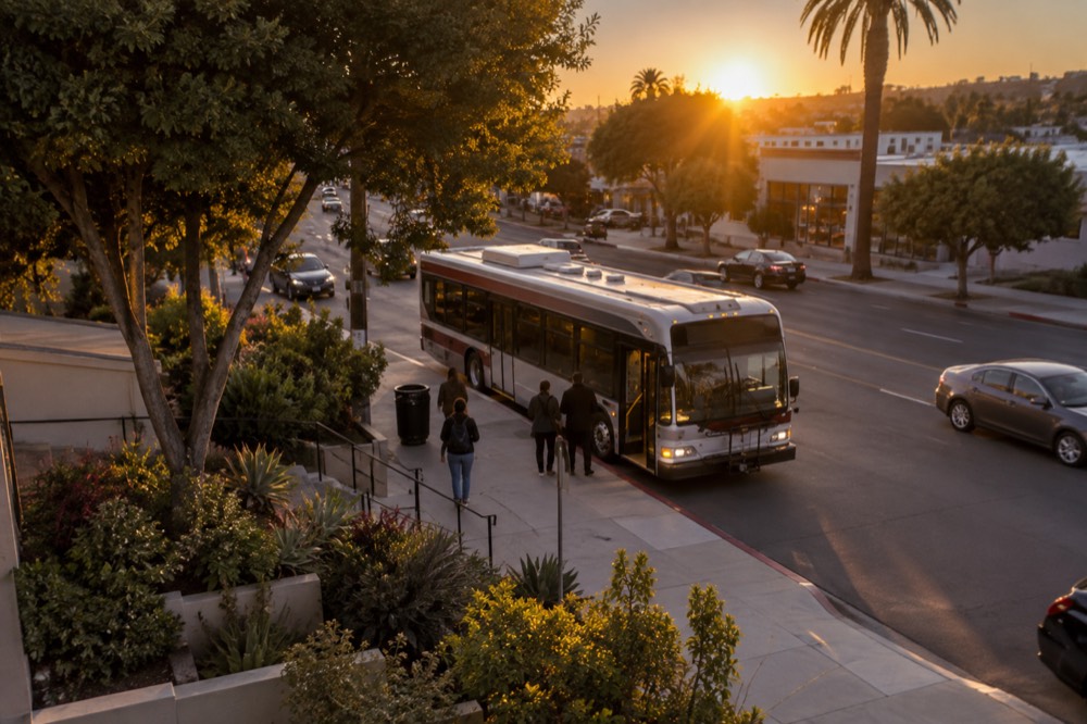 A city bus stopping at a lit street corner in the evening