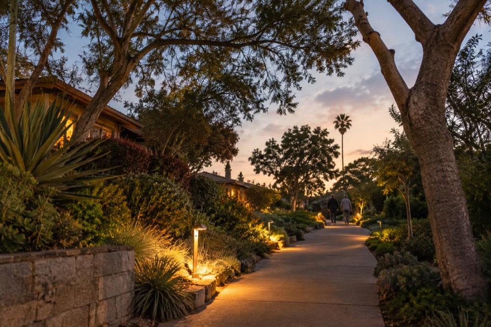 A lit pathway through gardens with trees on either side at dusk