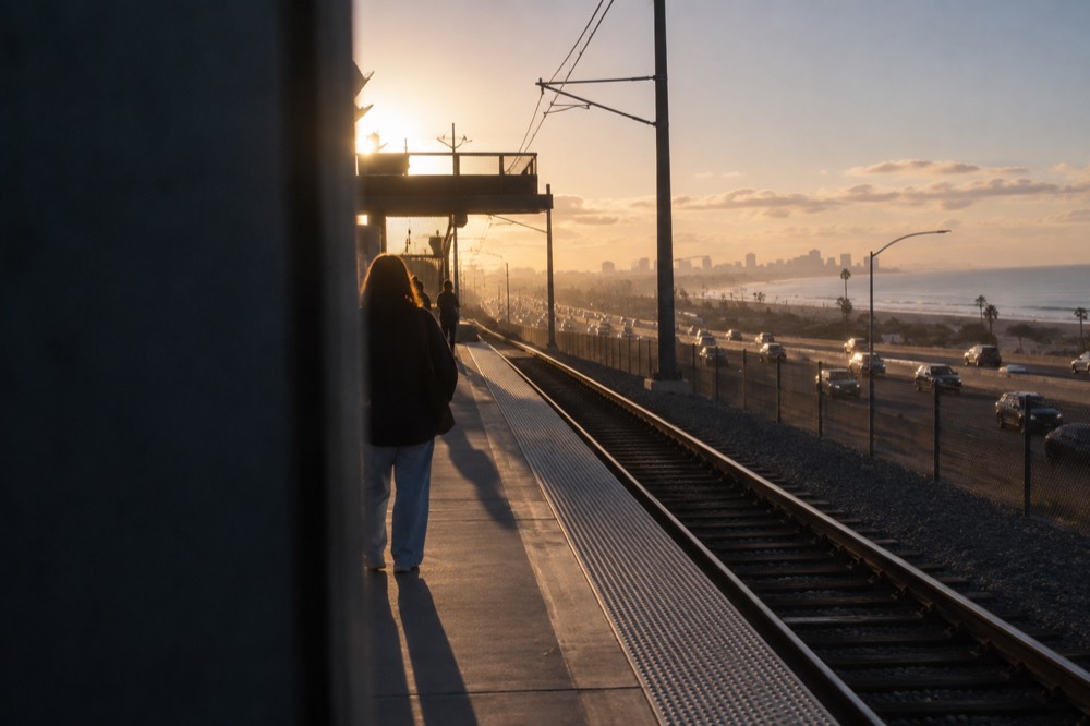 A trolley platform beside the freeway with a city skyline in the distance