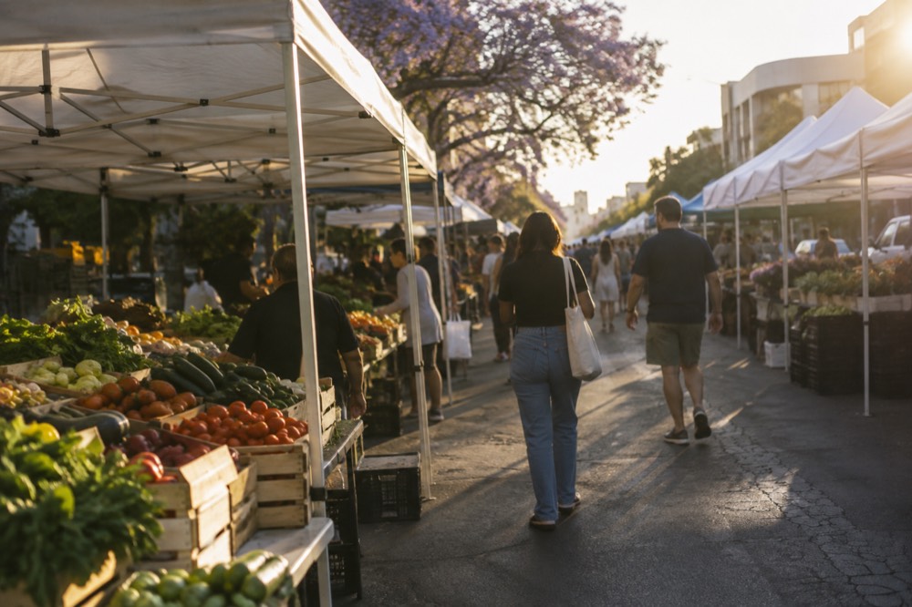 Outdoor farmers market stalls with produce crates under white canopies on a closed city street