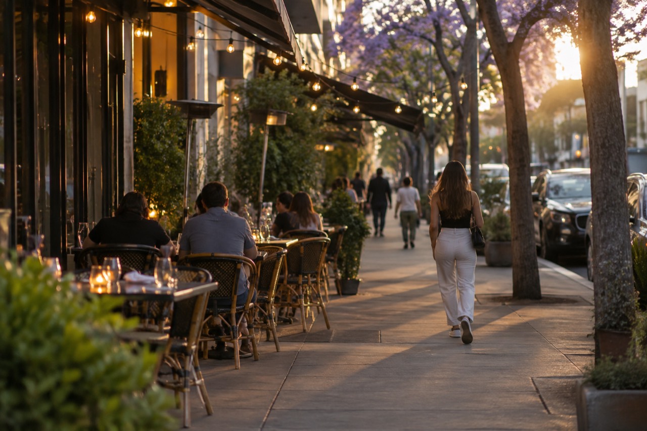 Row of sidewalk cafe tables along a city street with string lights in the evening
