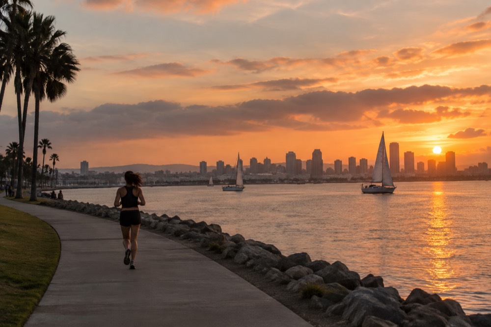 Sailboats on orange-lit water at sunset with a city skyline silhouette in the distance
