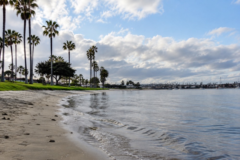 A calm shallow bay shoreline with gentle water and a grassy park behind it