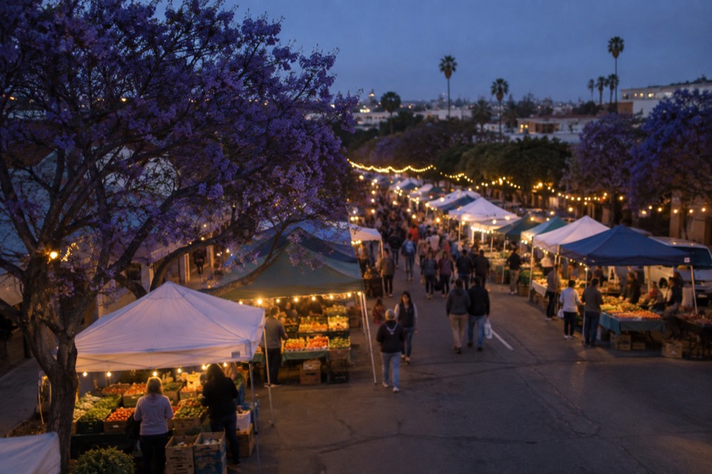 Open-air farmers market stalls with produce crates under string lights