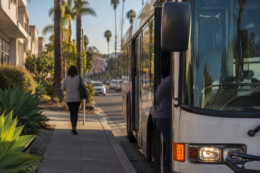 City bus stopped at a curb on a sunny commercial street with palm trees