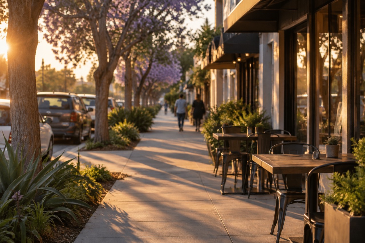 Tree-lined North Park street with storefronts and sidewalk tables in warm afternoon light